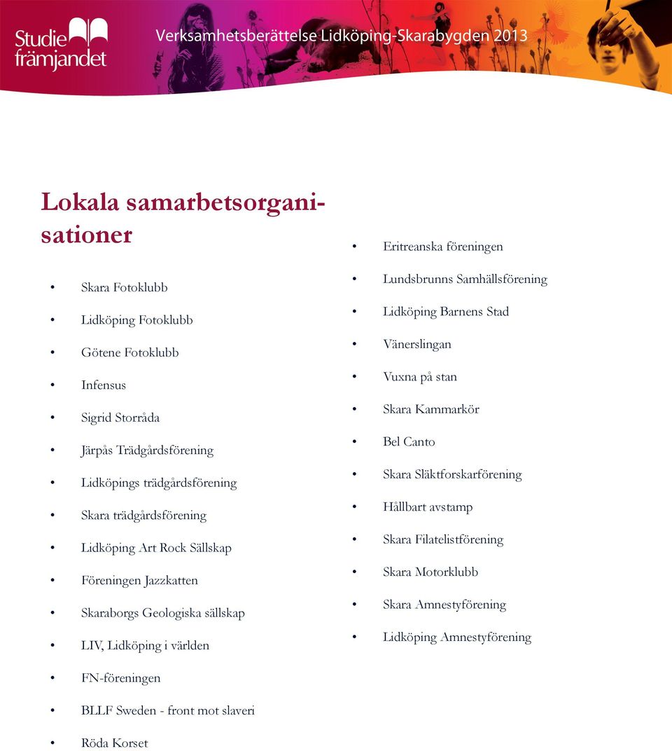 Eritreanska föreningen Lundsbrunns Samhällsförening Lidköping Barnens Stad Vänerslingan Vuxna på stan Skara Kammarkör Bel Canto Skara