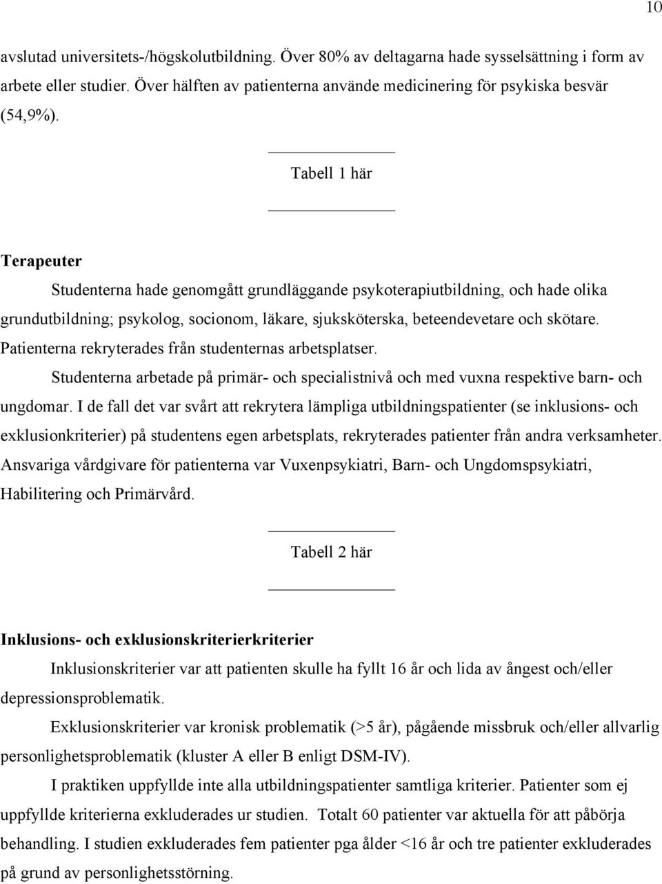 Patienterna rekryterades från studenternas arbetsplatser. Studenterna arbetade på primär- och specialistnivå och med vuxna respektive barn- och ungdomar.