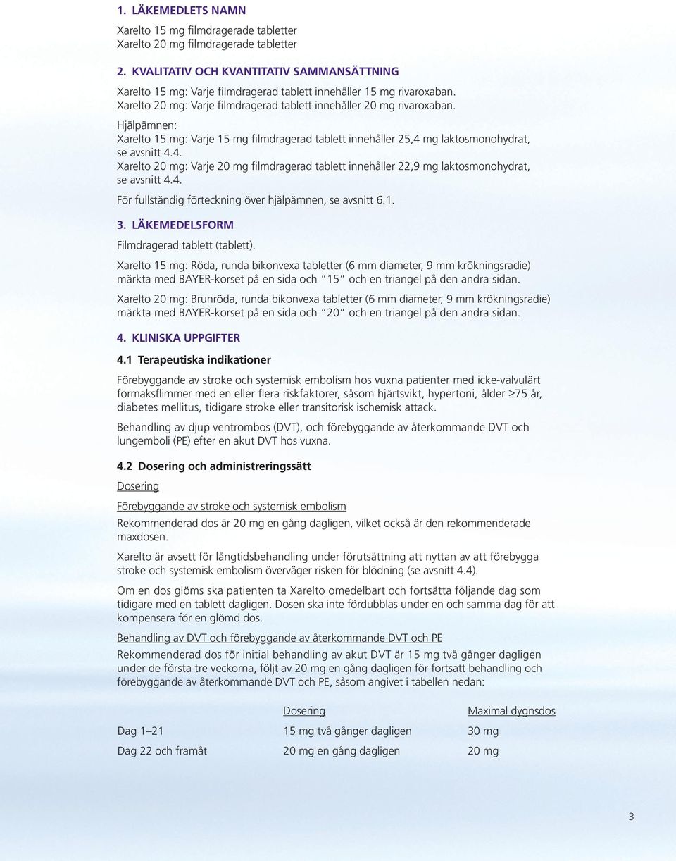 Hjälpämnen: Xarelto 15 mg: Varje 15 mg filmdragerad tablett innehåller 25,4 mg laktosmonohydrat, se avsnitt 4.4. Xarelto 20 mg: Varje 20 mg filmdragerad tablett innehåller 22,9 mg laktosmonohydrat, se avsnitt 4.