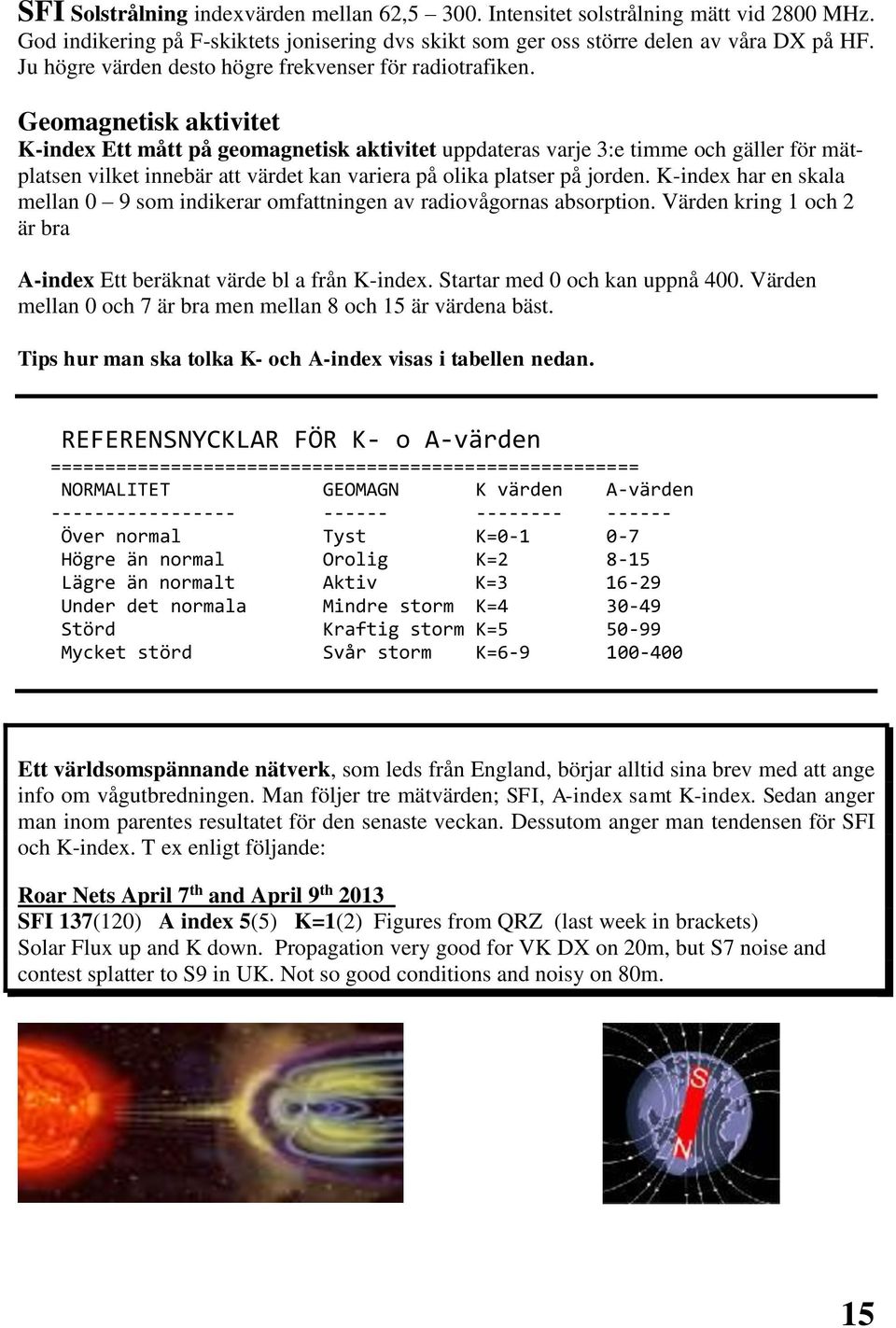 Geomagnetisk aktivitet K-index Ett mått på geomagnetisk aktivitet uppdateras varje 3:e timme och gäller för mätplatsen vilket innebär att värdet kan variera på olika platser på jorden.