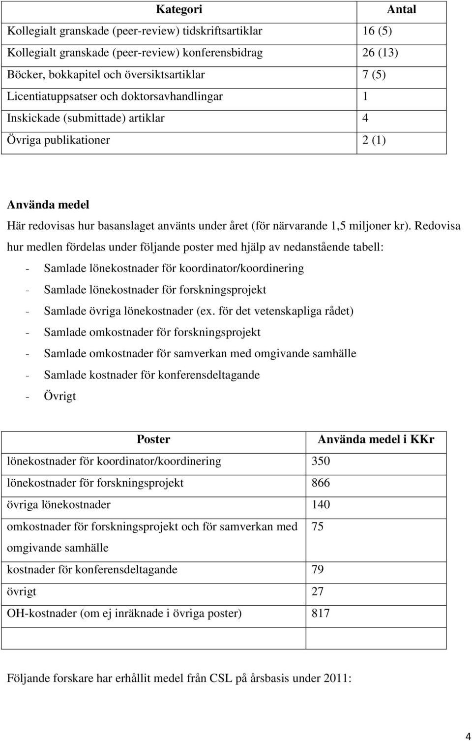 kr). Redovisa hur medlen fördelas under följande poster med hjälp av nedanstående tabell: - Samlade lönekostnader för koordinator/koordinering - Samlade lönekostnader för forskningsprojekt - Samlade