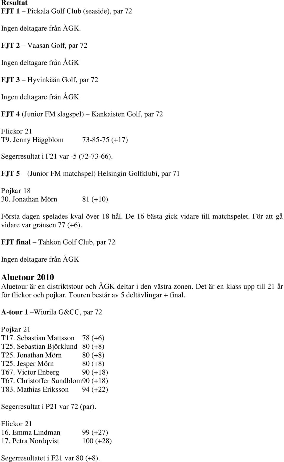 Jenny Häggblom 73-85-75 (+17) Segerresultat i F21 var -5 (72-73-66). FJT 5 (Junior FM matchspel) Helsingin Golfklubi, par 71 Pojkar 18 30.