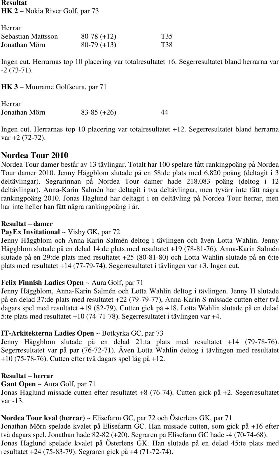 Segerresultatet bland herrarna var +2 (72-72). Nordea Tour 2010 Nordea Tour damer består av 13 tävlingar. Totalt har 100 spelare fått rankingpoäng på Nordea Tour damer 2010.