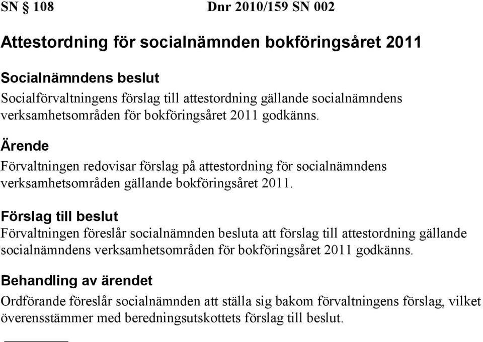 Förvaltningen redovisar förslag på attestordning för socialnämndens verksamhetsområden gällande bokföringsåret 2011.