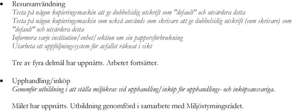 pappersförbrukning Utarbeta ett uppföljningssystem för avfallet räknat i vikt Tre av fyra delmål har uppnåtts. Arbetet fortsätter.