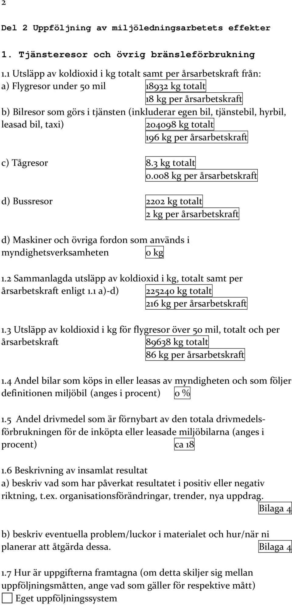 hyrbil, leasad bil, taxi) 204098 kg totalt 196 kg per årsarbetskraft c) Tågresor 8.3 kg totalt 0.