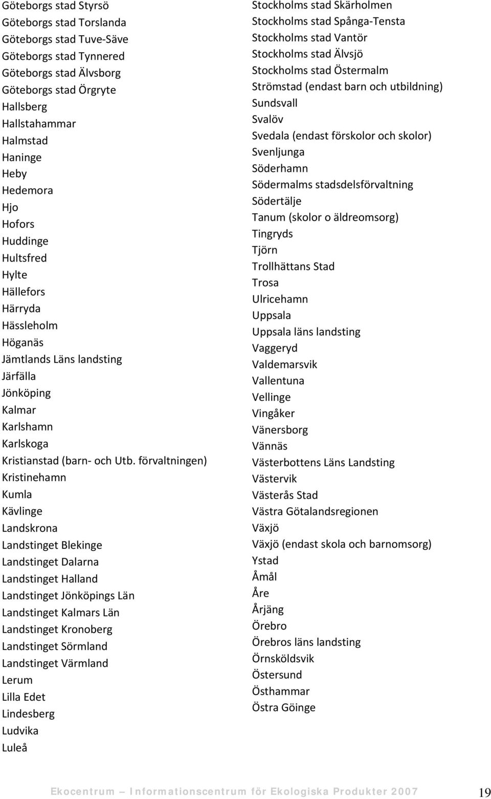 förvaltningen) Kristinehamn Kumla Kävlinge Landskrona Landstinget Blekinge Landstinget Dalarna Landstinget Halland Landstinget Jönköpings Län Landstinget Kalmars Län Landstinget Kronoberg Landstinget