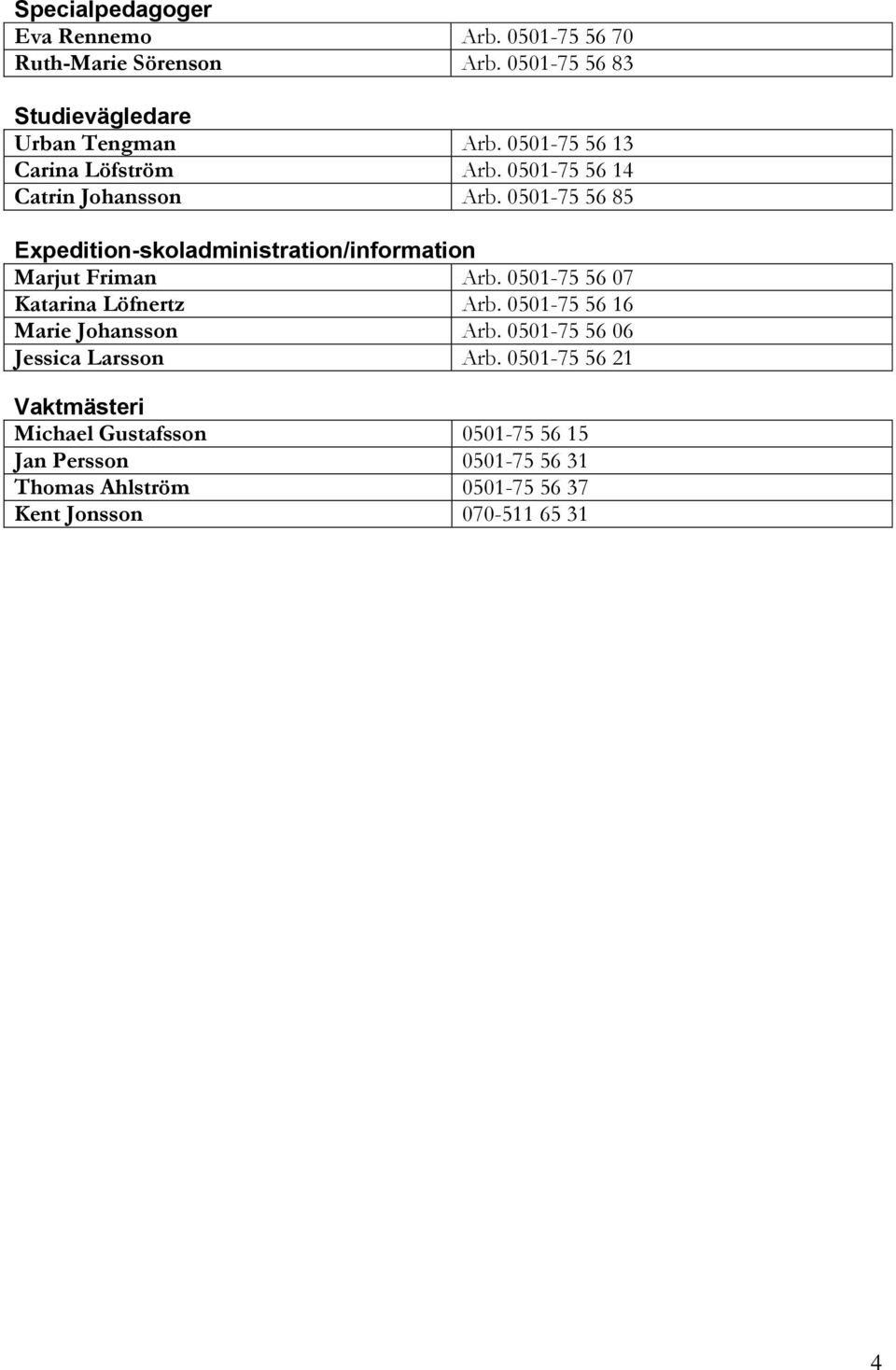 0501-75 56 85 Expedition-skoladministration/information Marjut Friman Arb. 0501-75 56 07 Katarina Löfnertz Arb.
