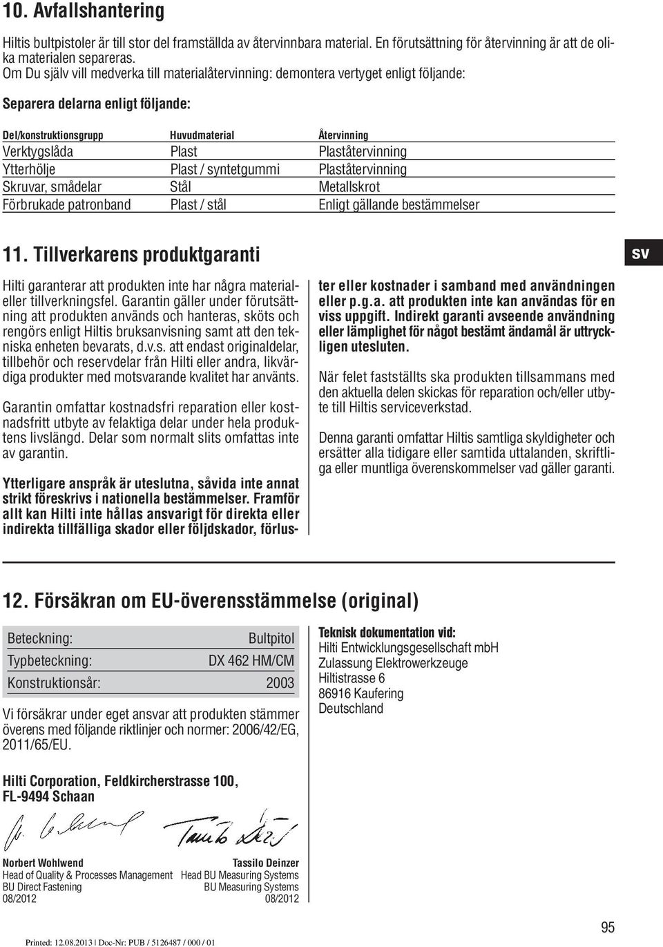 Plaståtervinning Ytterhölje Plast / syntetgummi Plaståtervinning Skruvar, smådelar Stål Metallskrot Förbrukade patronband Plast / stål Enligt gällande bestämmelser 11.