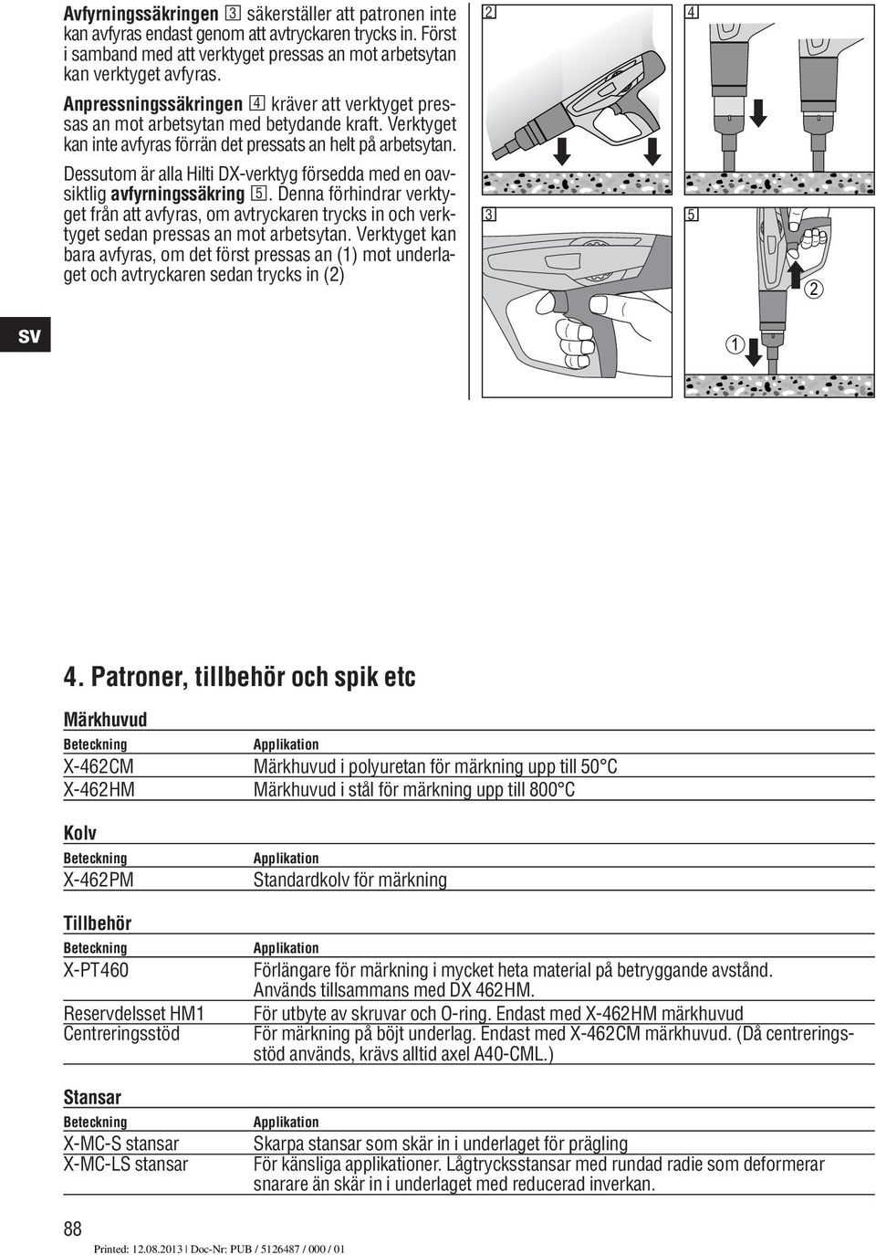 Dessutom är alla Hilti DX-verktyg försedda med en oavsiktlig avfyrningssäkring 5. Denna förhindrar verktyget från att avfyras, om avtryckaren trycks in och verktyget sedan pressas an mot arbetsytan.