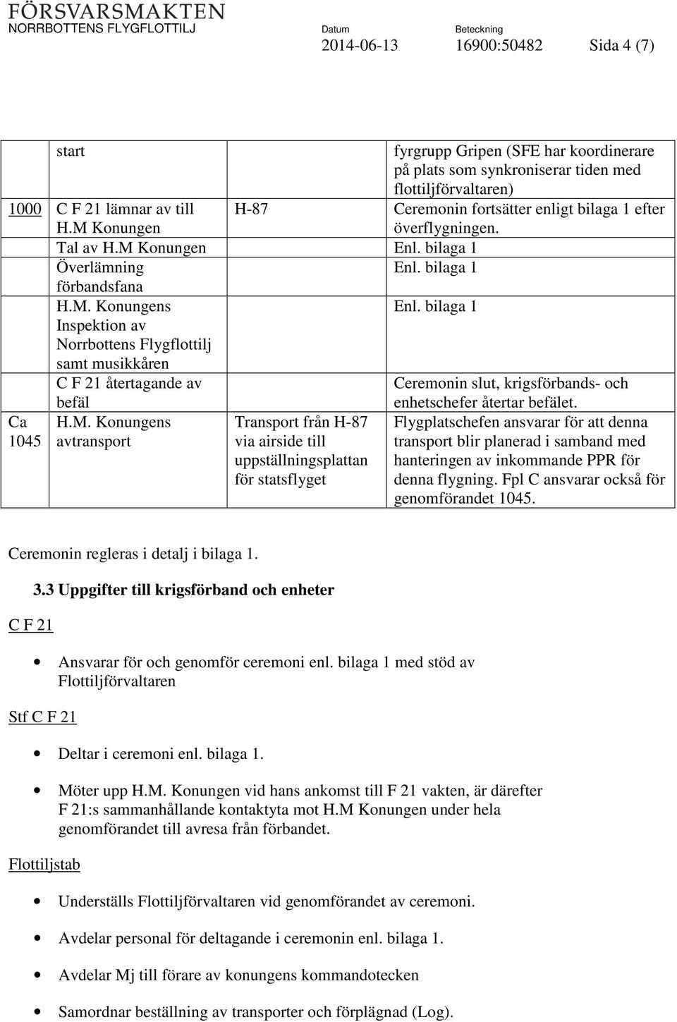 bilaga 1 Inspektion av Norrbottens Flygflottilj samt musikkåren C F 21 återtagande av Ceremonin slut, krigsförbands- och Ca 1045 befäl H.M.