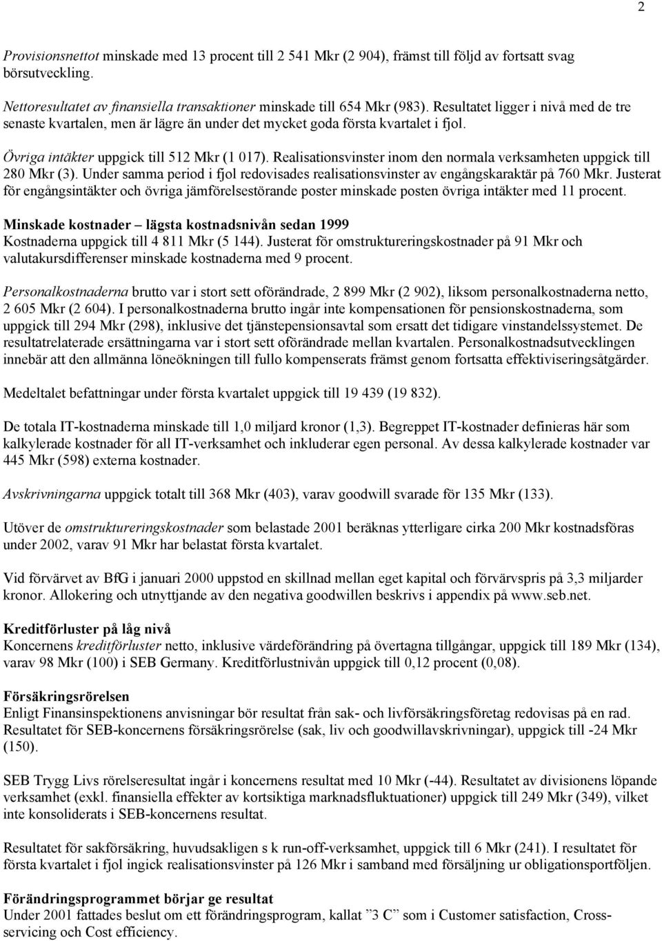 Realisationsvinster inom den normala verksamheten uppgick till 280 Mkr (3). Under samma period i fjol redovisades realisationsvinster av engångskaraktär på 760 Mkr.