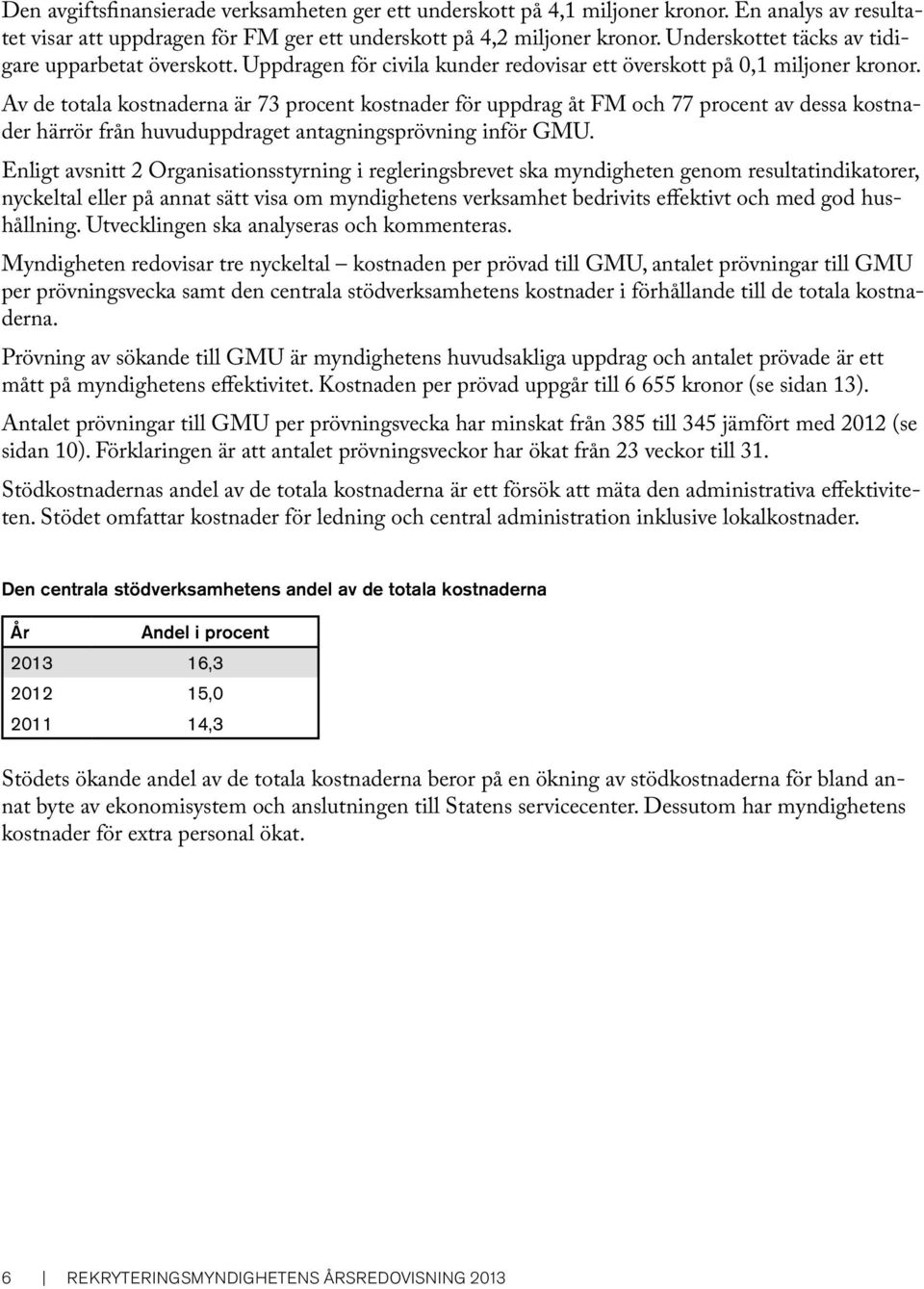 Av de totala kostnaderna är 73 procent kostnader för uppdrag åt FM och 77 procent av dessa kostnader härrör från huvuduppdraget antagningsprövning inför GMU.