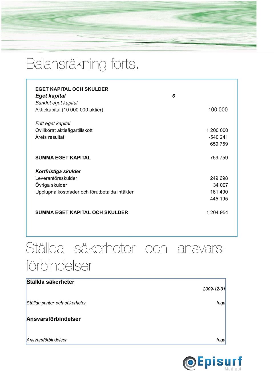 Ställda säkerheter 2009-12-31 Ställda