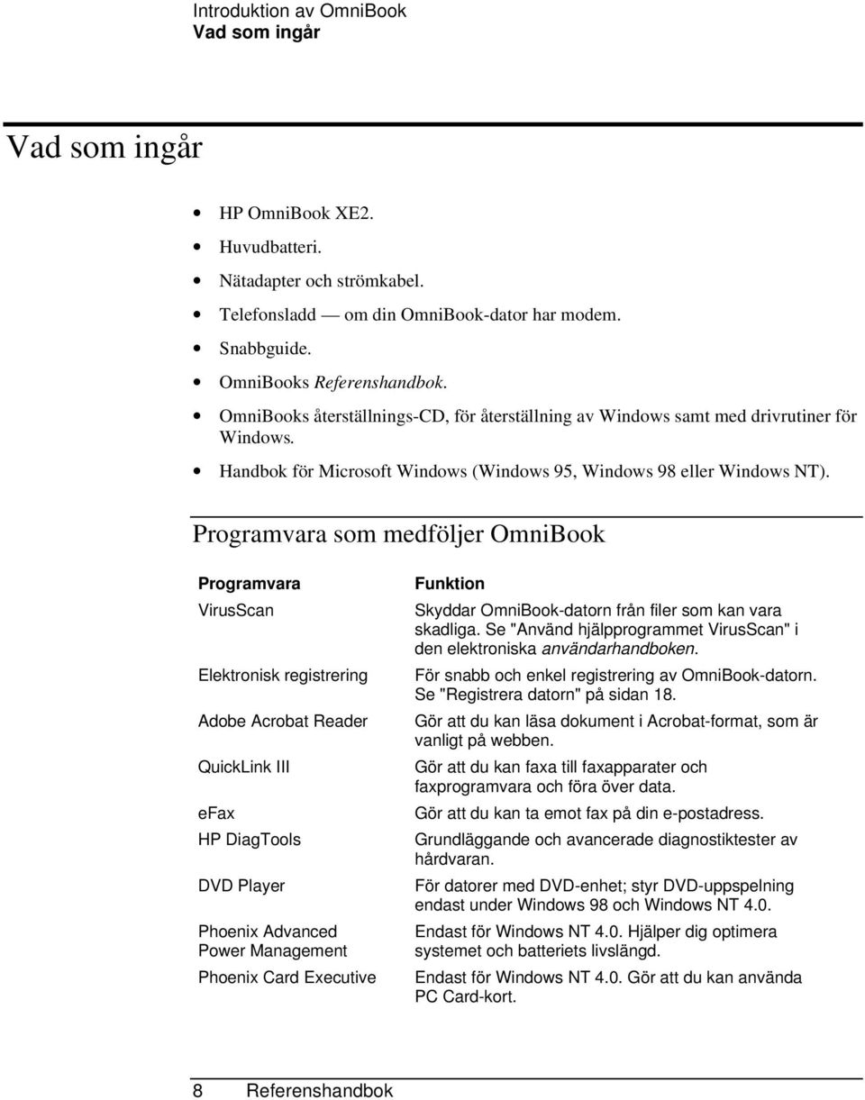 Programvara som medföljer OmniBook Programvara VirusScan Elektronisk registrering Adobe Acrobat Reader QuickLink III efax HP DiagTools DVD Player Phoenix Advanced Power Management Phoenix Card