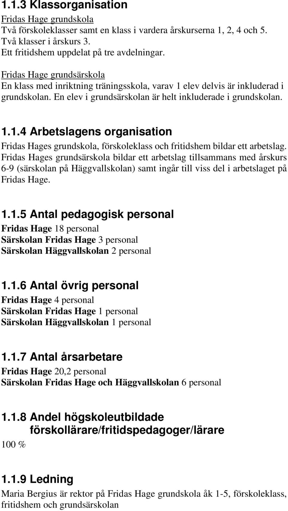 Fridas Hages grundsärskola bildar ett arbetslag tillsammans med årskurs 6-9 (särskolan på Häggvallskolan) samt ingår till viss del i arbetslaget på Fridas Hage. 1.