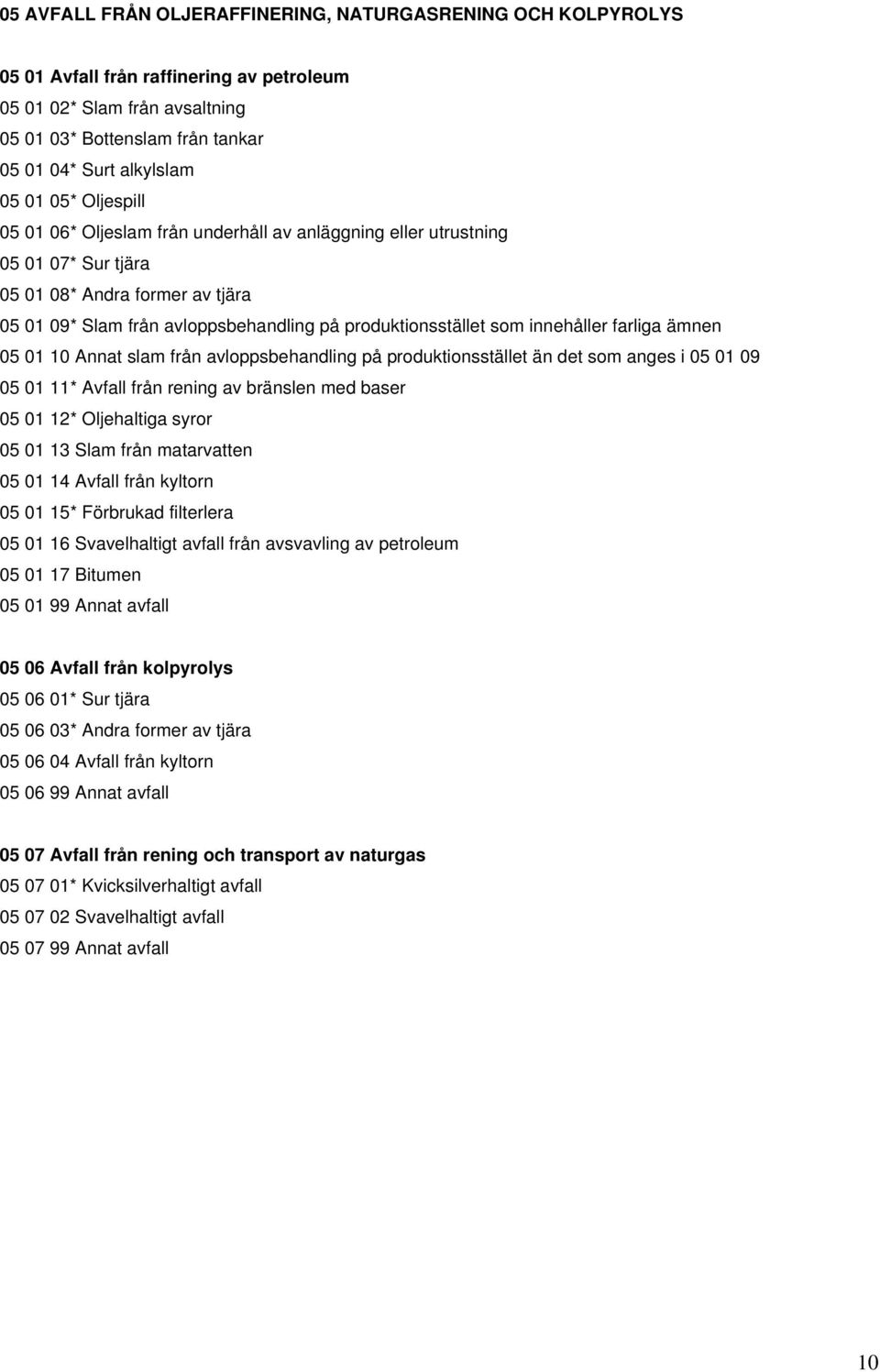 innehåller farliga ämnen 05 01 10 Annat slam från avloppsbehandling på produktionsstället än det som anges i 05 01 09 05 01 11* Avfall från rening av bränslen med baser 05 01 12* Oljehaltiga syror 05
