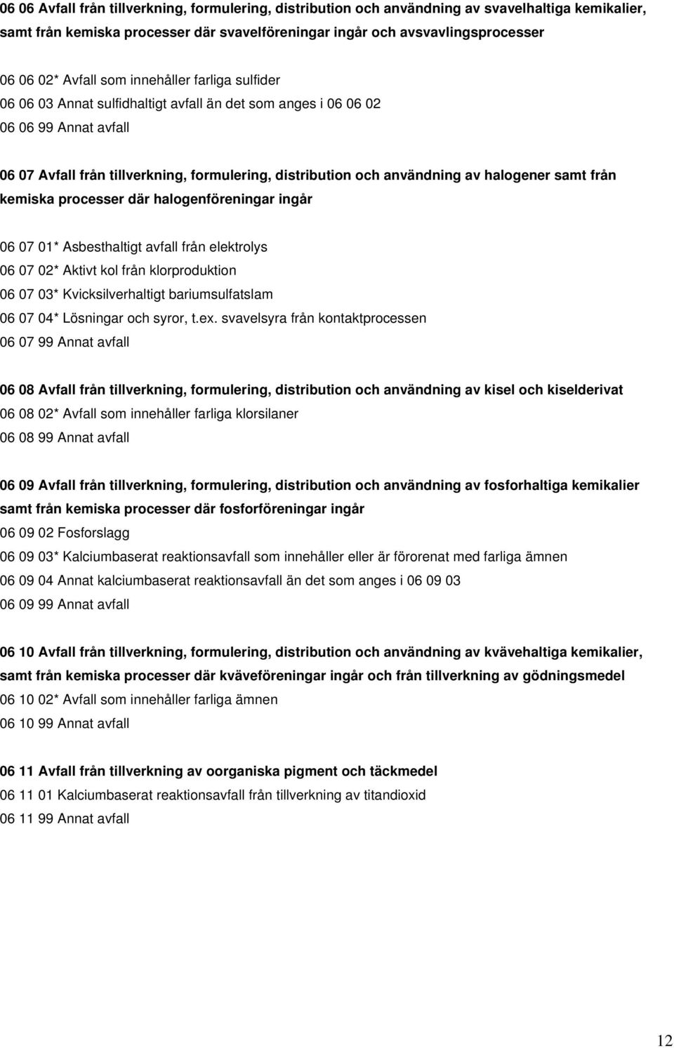 halogener samt från kemiska processer där halogenföreningar ingår 06 07 01* Asbesthaltigt avfall från elektrolys 06 07 02* Aktivt kol från klorproduktion 06 07 03* Kvicksilverhaltigt bariumsulfatslam