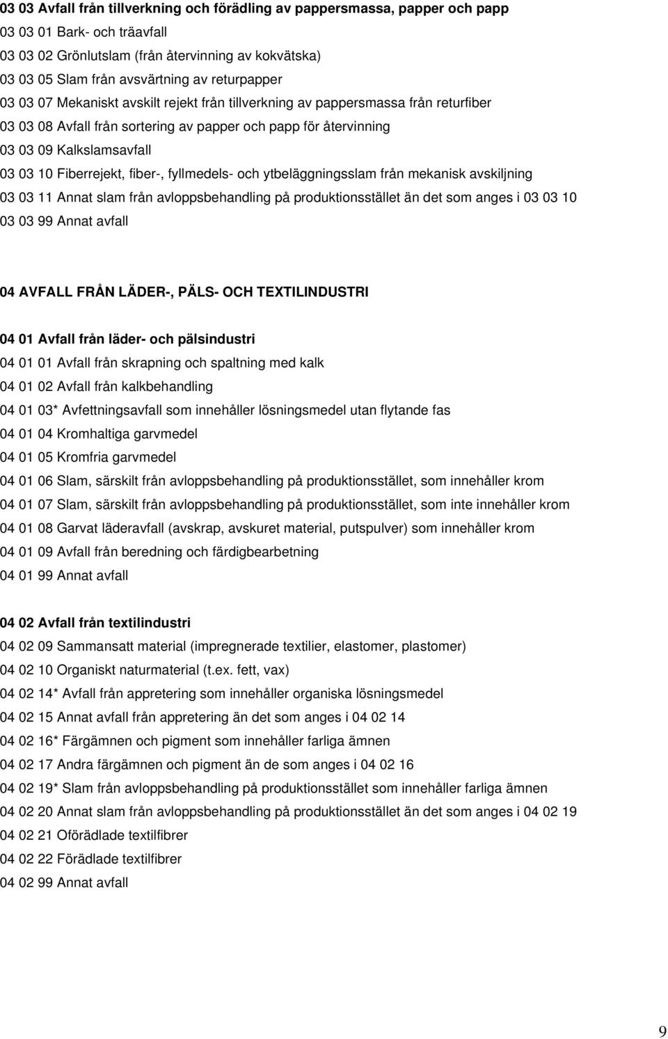 Fiberrejekt, fiber-, fyllmedels- och ytbeläggningsslam från mekanisk avskiljning 03 03 11 Annat slam från avloppsbehandling på produktionsstället än det som anges i 03 03 10 03 03 99 Annat avfall 04