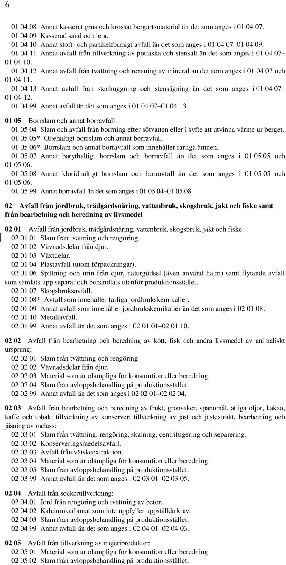 01 04 12 Annat avfall från tvättning och rensning av mineral än det som anges i 01 04 07 och 01 04 11. 01 04 13 Annat avfall från stenhuggning och stensågning än det som anges i 01 04 07 01 04-12.