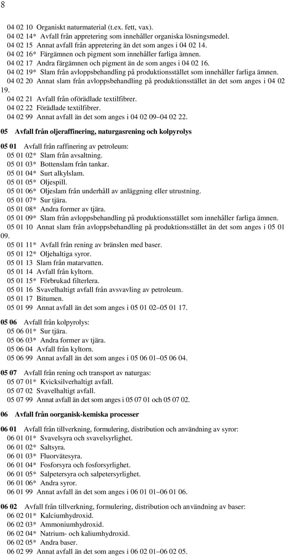 04 02 19* Slam från avloppsbehandling på produktionsstället som innehåller farliga ämnen. 04 02 20 Annat slam från avloppsbehandling på produktionsstället än det som anges i 04 02 19.