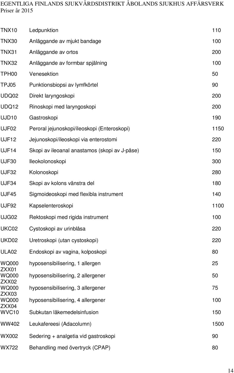 av ileoanal anastamos (skopi av J-påse) 150 UJF30 Ileokolonoskopi 300 UJF32 Kolonoskopi 280 UJF34 Skopi av kolons vänstra del 180 UJF45 Sigmoideoskopi med flexibla instrument 140 UJF92