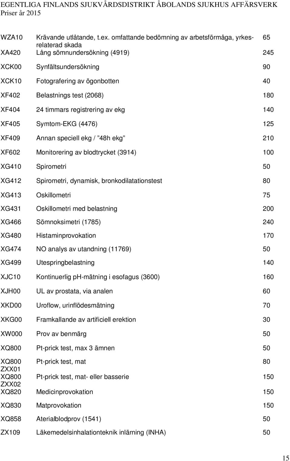 (2068) 180 XF404 24 timmars registrering av ekg 140 XF405 Symtom-EKG (4476) 125 XF409 Annan speciell ekg / 48h ekg 210 XF602 Monitorering av blodtrycket (3914) 100 XG410 Spirometri 50 XG412