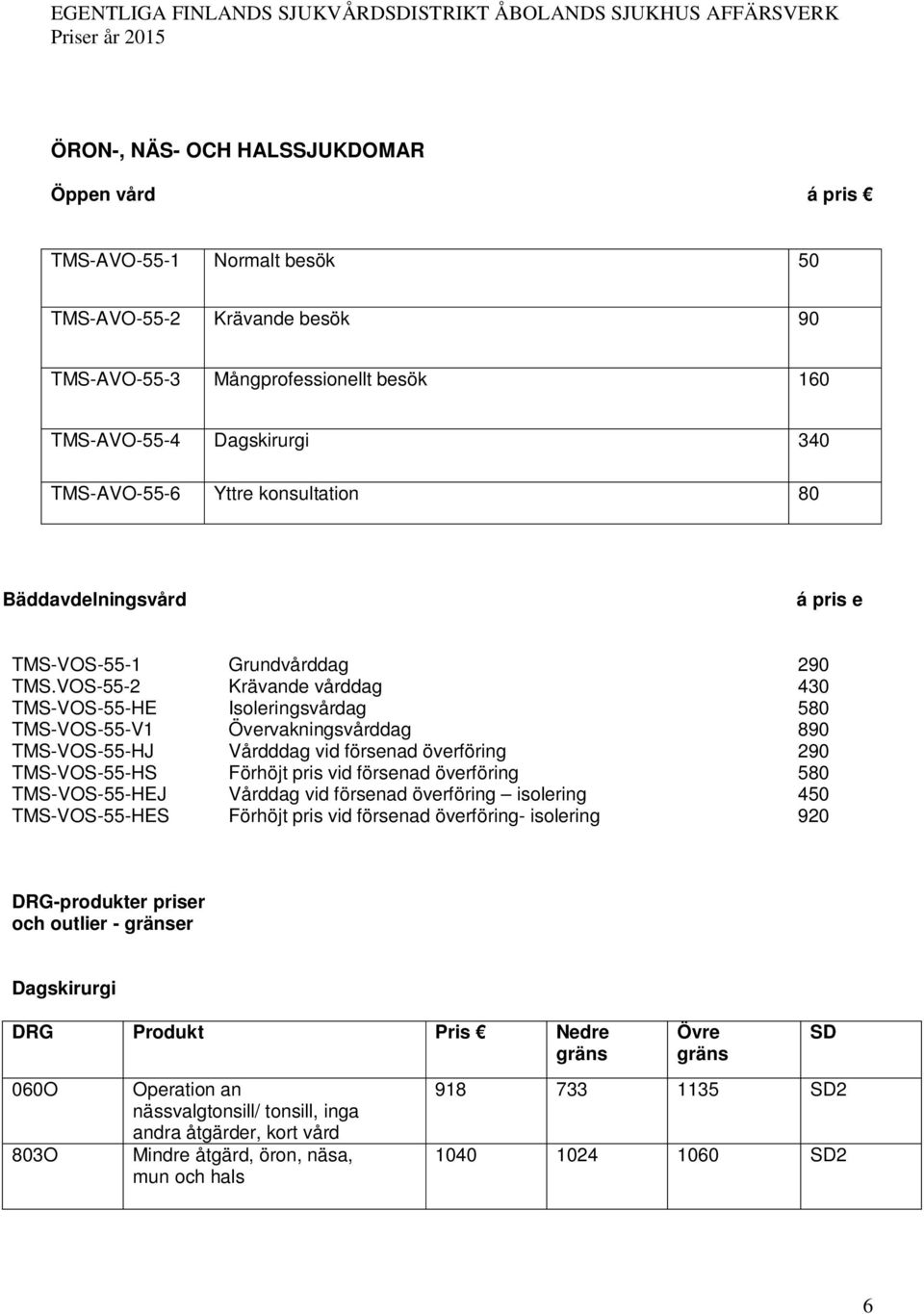 VOS-55-2 Krävande vårddag 430 TMS-VOS-55-HE Isoleringsvårdag 580 TMS-VOS-55-V1 Övervakningsvårddag 890 TMS-VOS-55-HJ Vårdddag vid försenad överföring 290 TMS-VOS-55-HS Förhöjt pris vid försenad