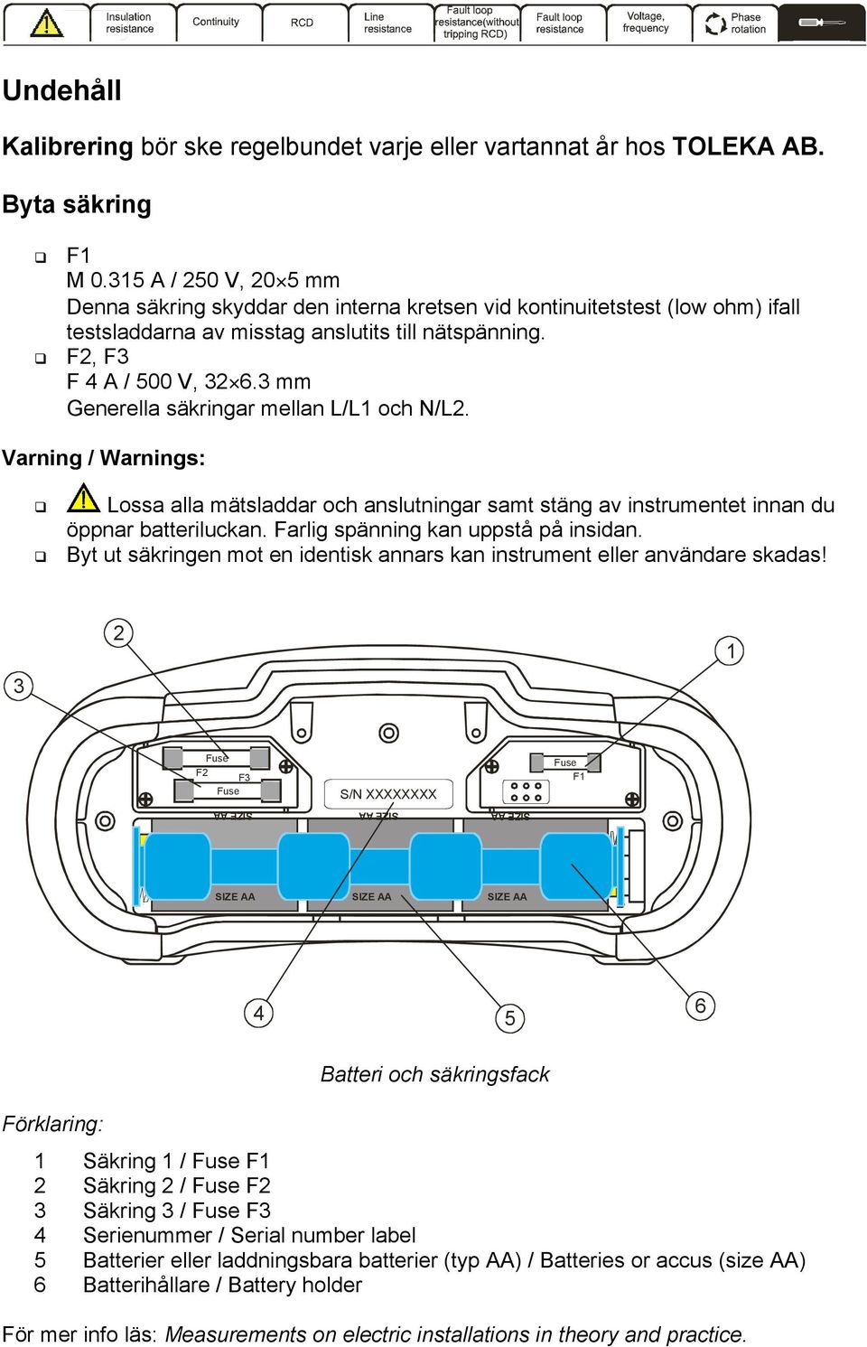 3 mm Generella säkringar mellan och /. Varning / Warnings: Lossa alla mätsladdar och anslutningar samt stäng av instrumentet innan du öppnar batteriluckan. Farlig spänning kan uppstå på insidan.