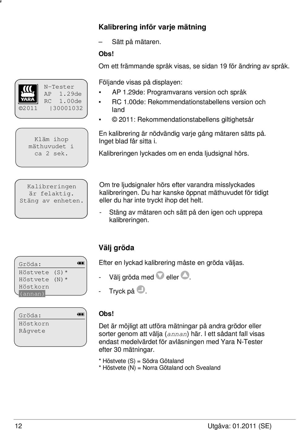 00de: Rekommendationstabellens version och land 2011: Rekommendationstabellens giltighetsår En kalibrering är nödvändig varje gång mätaren sätts på. Inget blad får sitta i.