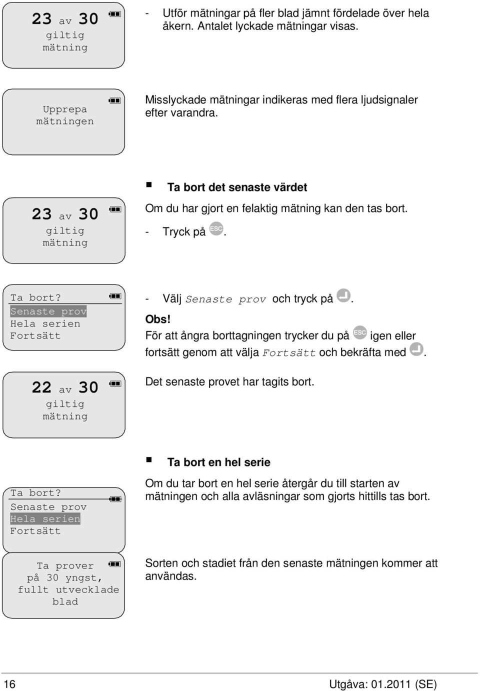 - Tryck på. Ta bort? Senaste prov Hela serien Fortsätt 22 av 30 giltig mätning - Välj Senaste prov och tryck på. Obs!