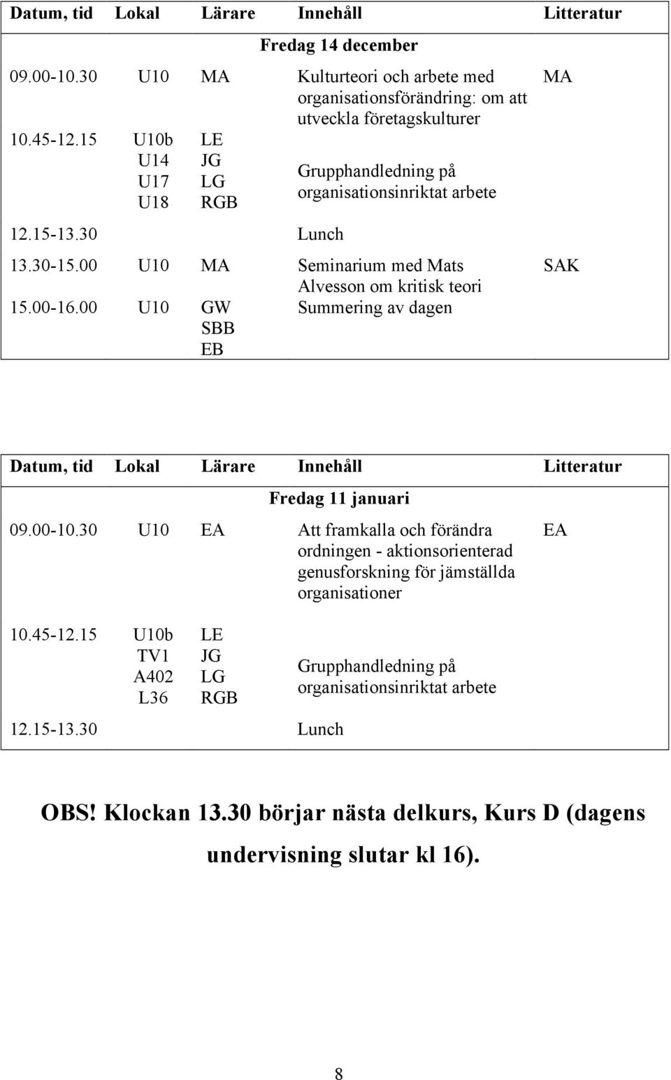 00 U10 GW Summering av dagen SBB EB MA SAK Datum, tid Lokal Lärare Innehåll Litteratur Fredag 11 januari 09.00-10.