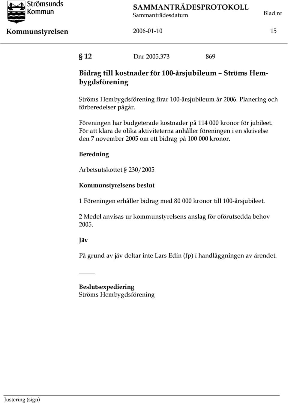 För att klara de olika aktiviteterna anhåller föreningen i en skrivelse den 7 november 2005 om ett bidrag på 100 000 kronor.