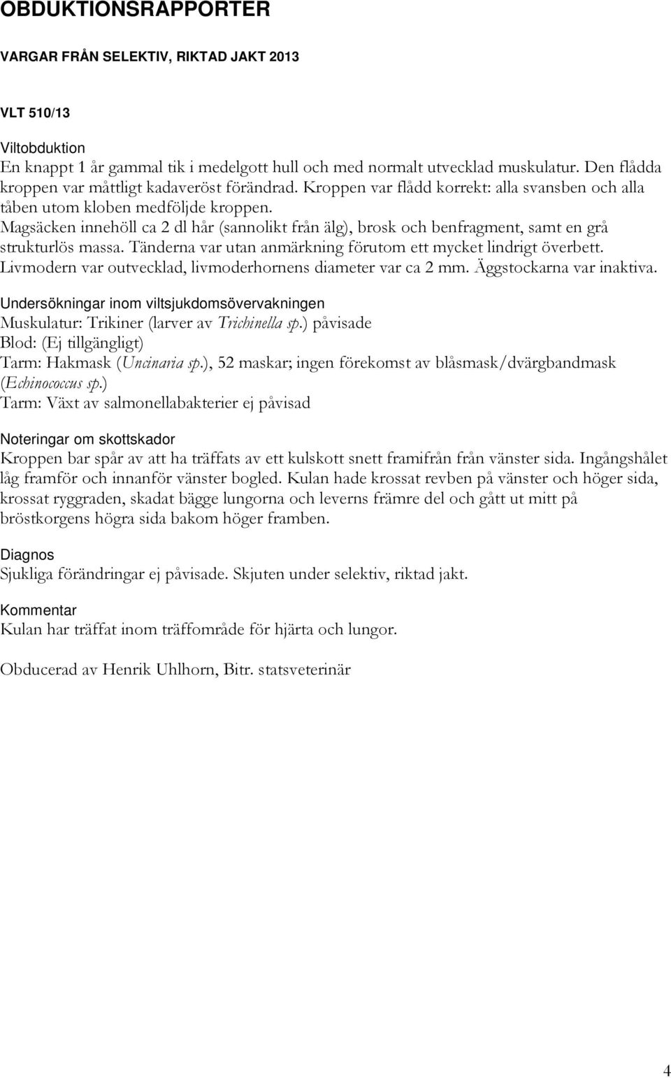 Magsäcken innehöll ca 2 dl hår (sannolikt från älg), brosk och benfragment, samt en grå strukturlös massa. Tänderna var utan anmärkning förutom ett mycket lindrigt överbett.