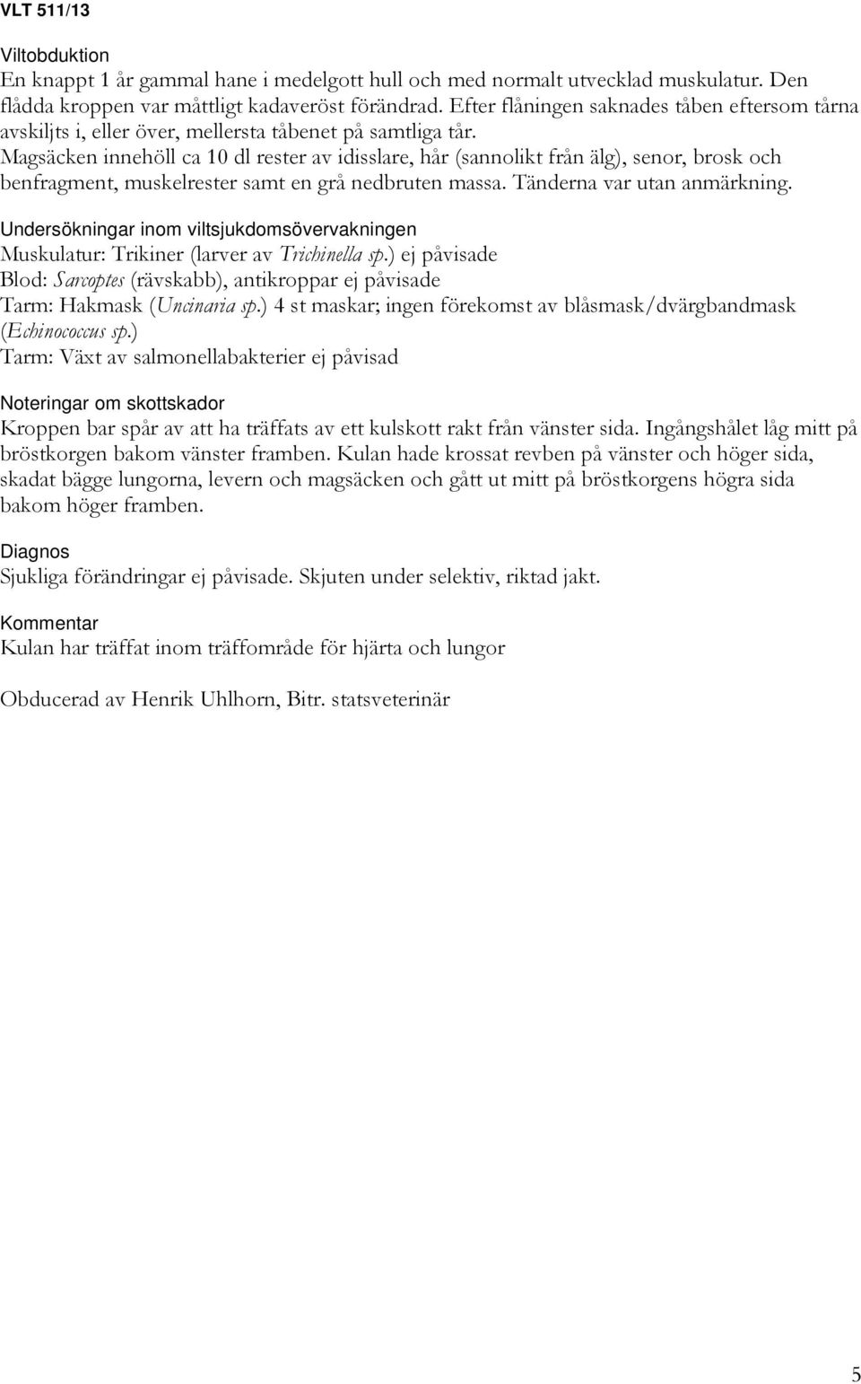 Magsäcken innehöll ca 10 dl rester av idisslare, hår (sannolikt från älg), senor, brosk och benfragment, muskelrester samt en grå nedbruten massa. Tänderna var utan anmärkning.