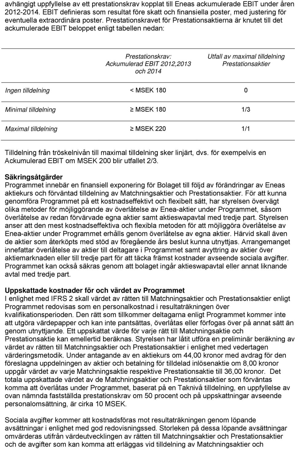 Prestationskravet för Prestationsaktierna är knutet till det ackumulerade EBIT beloppet enligt tabellen nedan: Prestationskrav: Ackumulerad EBIT 2012,2013 och 2014 Utfall av maximal tilldelning