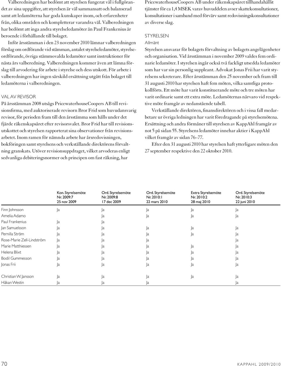 Inför årsstämman i den 23 november 2010 lämnar valberedningen förslag om ordförande vid stämman, antalet styrelseledamöter, styrelseordförande, övriga stämmovalda ledamöter samt instruktioner för