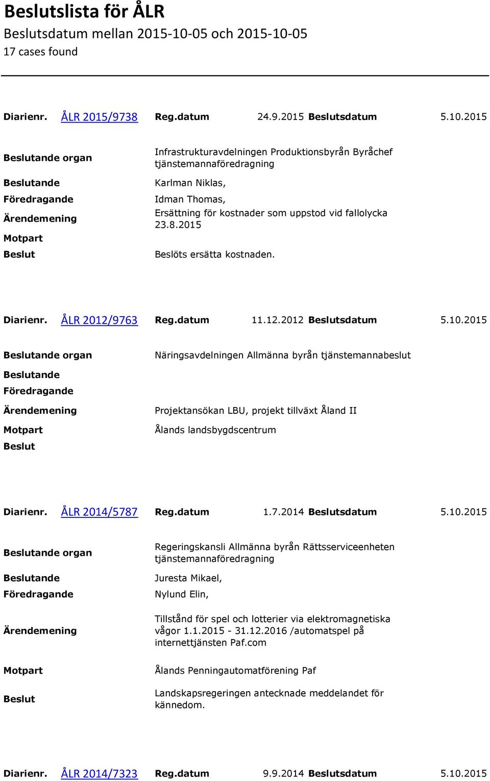2015 organ Näringsavdelningen Allmänna byrån tjänstemannabeslut Projektansökan LBU, projekt tillväxt Åland II Ålands landsbygdscentrum Diarienr. ÅLR 2014/5787 Reg.datum 1.7.2014 sdatum 5.10.