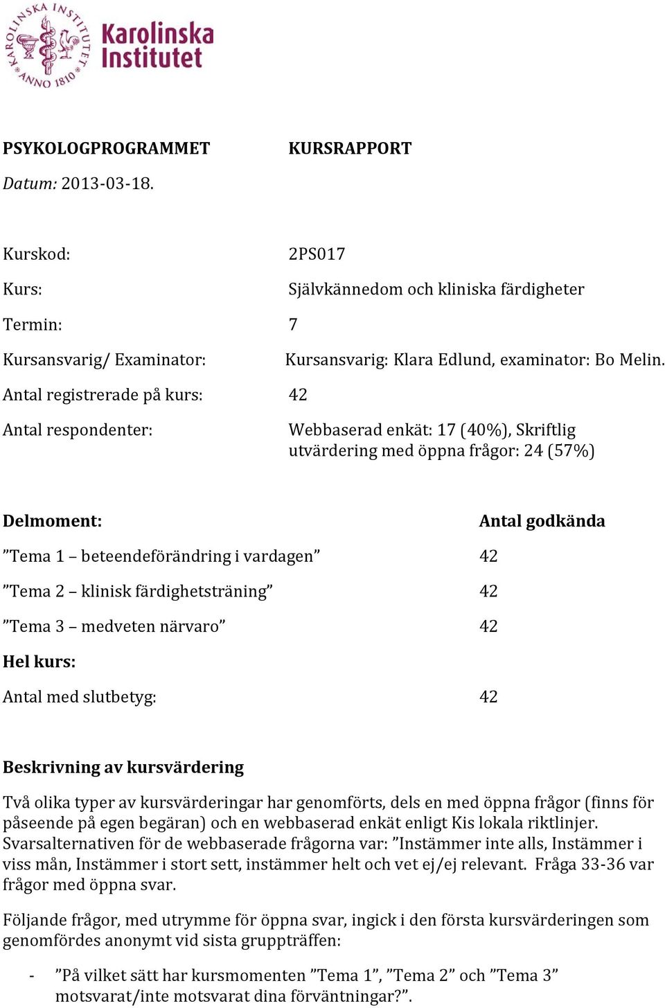 2 klinisk färdighetsträning 42 Tema 3 medveten närvaro 42 Hel kurs: Antal med slutbetyg: 42 Beskrivning av kursvärdering Två olika typer av kursvärderingar har genomförts, dels en med öppna frågor