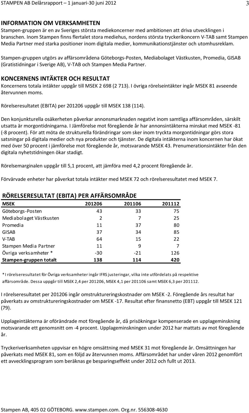 Stampen-gruppen utgörs av affärsområdena Göteborgs-Posten, Mediabolaget Västkusten, Promedia, GISAB (Gratistidningar i Sverige AB), V-TAB och Stampen Media Partner.