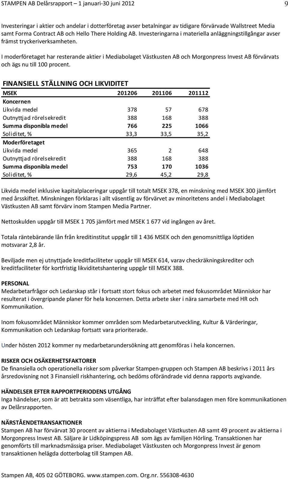 I moderföretaget har resterande aktier i Mediabolaget Västkusten AB och Morgonpress Invest AB förvärvats och ägs nu till 100 procent.