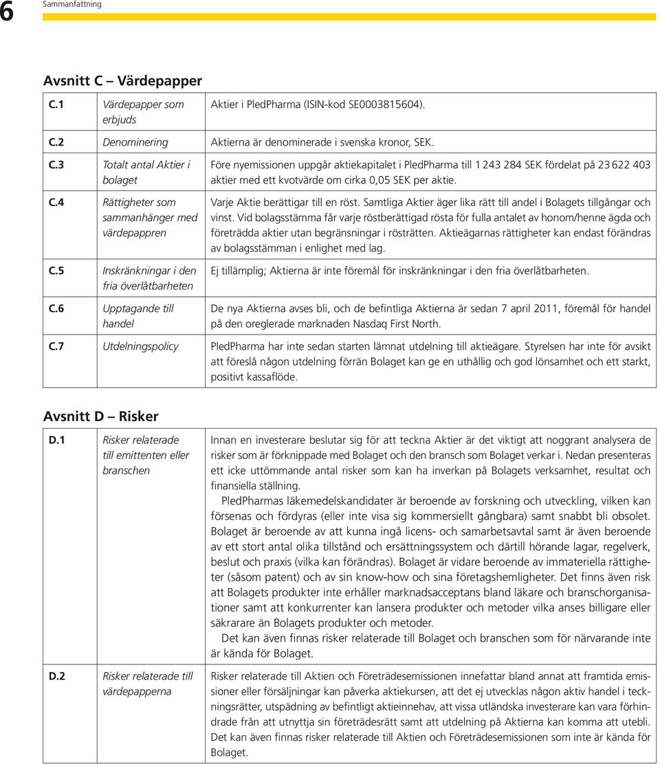 6 Upptagande till handel Före nyemissionen uppgår aktiekapitalet i PledPharma till 1 243 284 SEK fördelat på 23 622 403 aktier med ett kvotvärde om cirka 0,05 SEK per aktie.