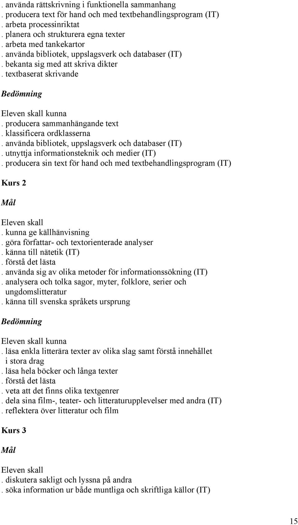 använda bibliotek, uppslagsverk och databaser (IT). utnyttja informationsteknik och medier (IT). producera sin text för hand och med textbehandlingsprogram (IT) Kurs 2 Mål Eleven skall.