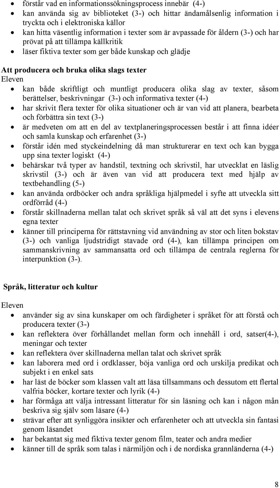 skriftligt och muntligt producera olika slag av texter, såsom berättelser, beskrivningar (3-) och informativa texter (4-) har skrivit flera texter för olika situationer och är van vid att planera,