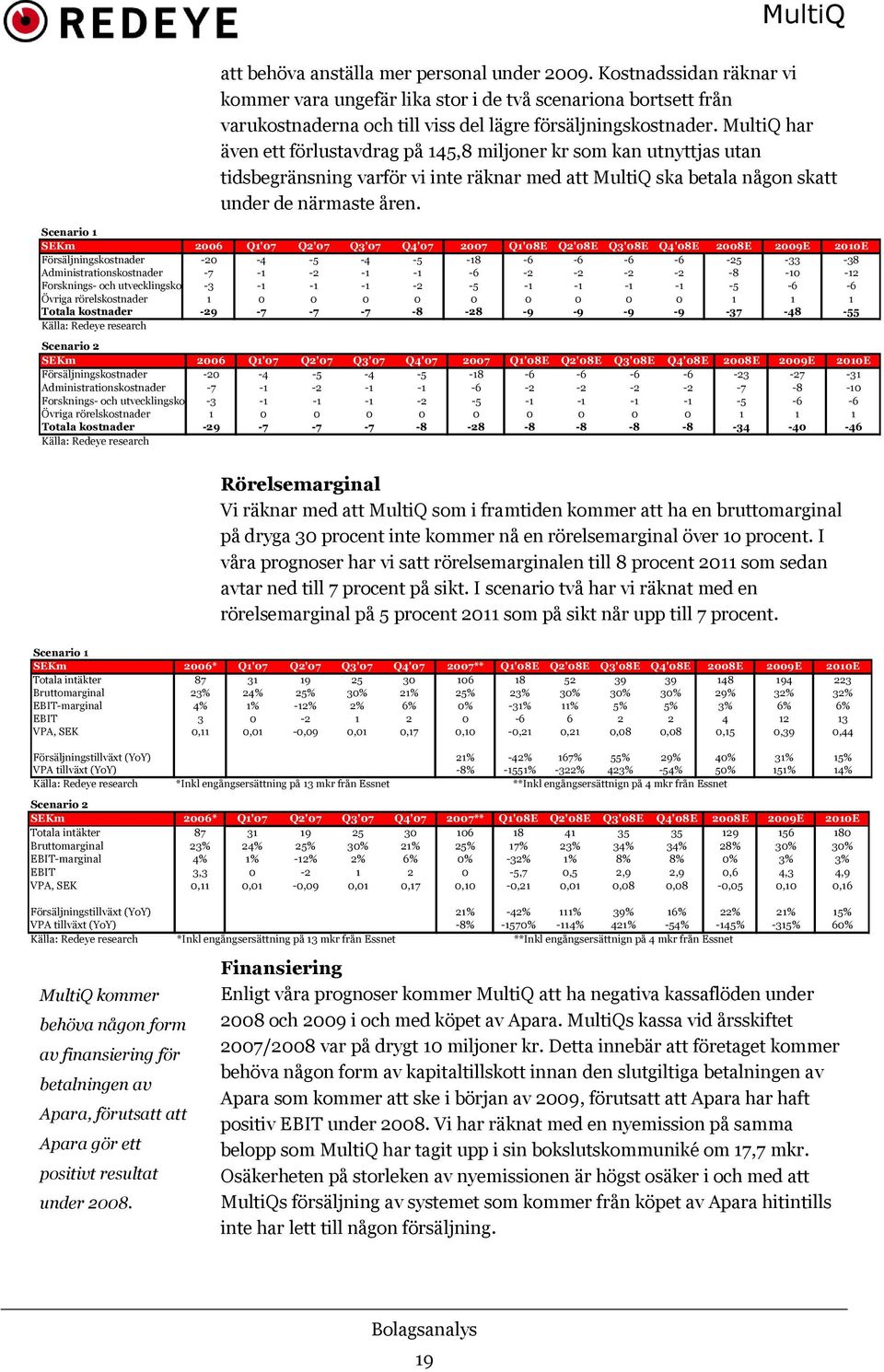 Scenario 1 SEKm 2006 Q1'07 Q2'07 Q3'07 Q4'07 2007 Q1'08E Q2'08E Q3'08E Q4'08E 2008E 2009E 2010E Försäljningskostnader -20-4 -5-4 -5-18 -6-6 -6-6 -25-33 -38 Administrationskostnader -7-1 -2-1 -1-6