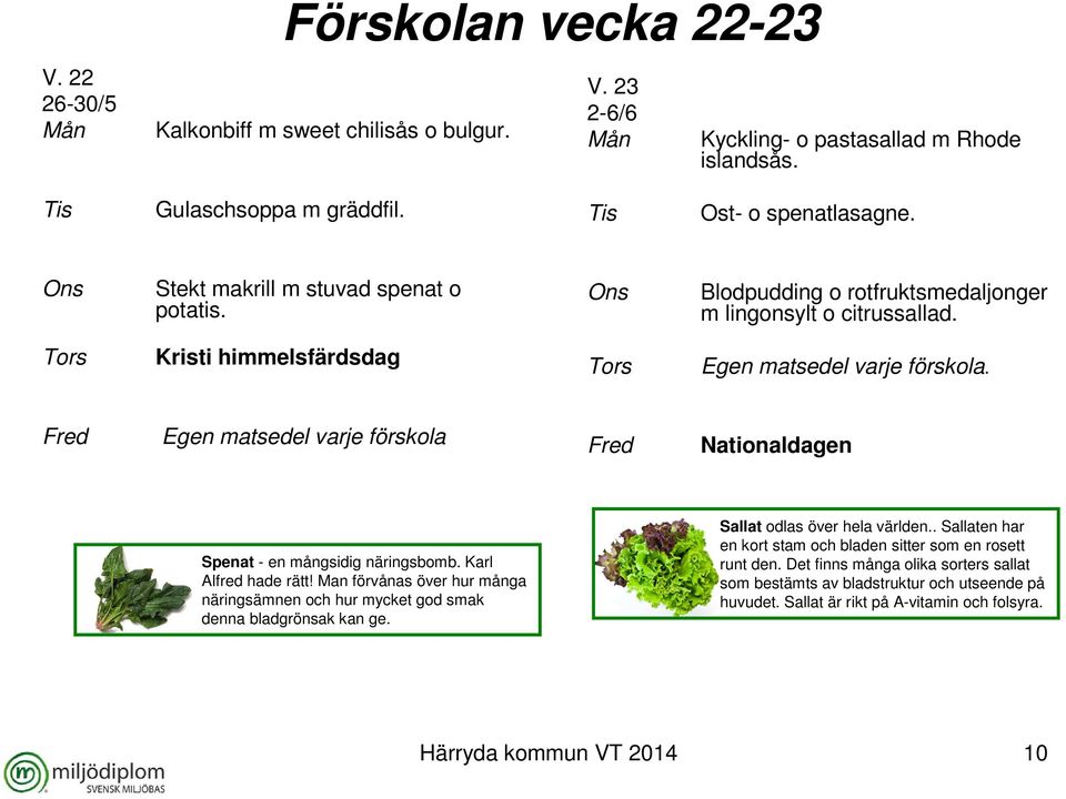 Kristi himmelsfärdsdag Egen matsedel varje förskola Nationaldagen Spenat - en mångsidig näringsbomb. Karl Alfred hade rätt!