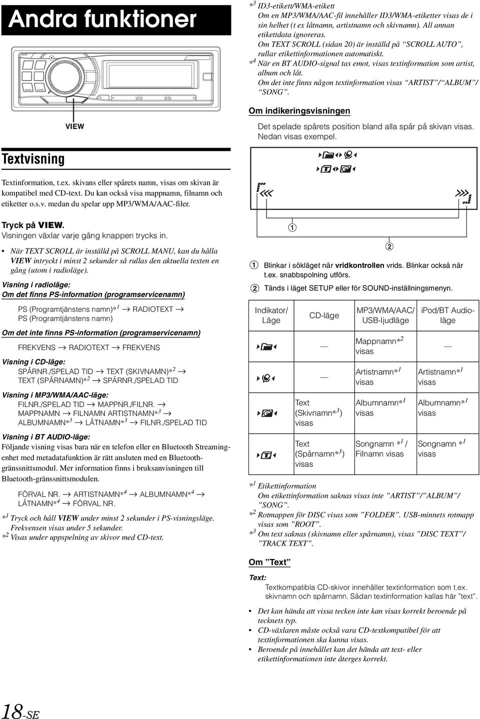 Om det inte finns någon textinformation visas ARTIST / ALBUM / SONG. Om indikeringsvisningen VIEW Det spelade spårets position bland alla spår på skivan visas. Nedan visas exempel.