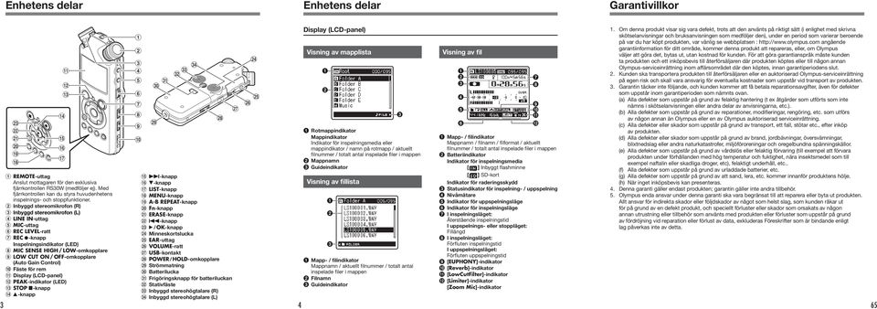 Inbyggd stereomikrofon (R) Inbyggd stereomikrofon (L) LINE IN-uttag MIC-uttag 6 REC LEVEL-ratt 7 REC s-knapp Inspelningsindikator (LED) 8 MIC SENSE HIGH / LOW-omkopplare 9 LOW CUT ON / OFF-omkopplare