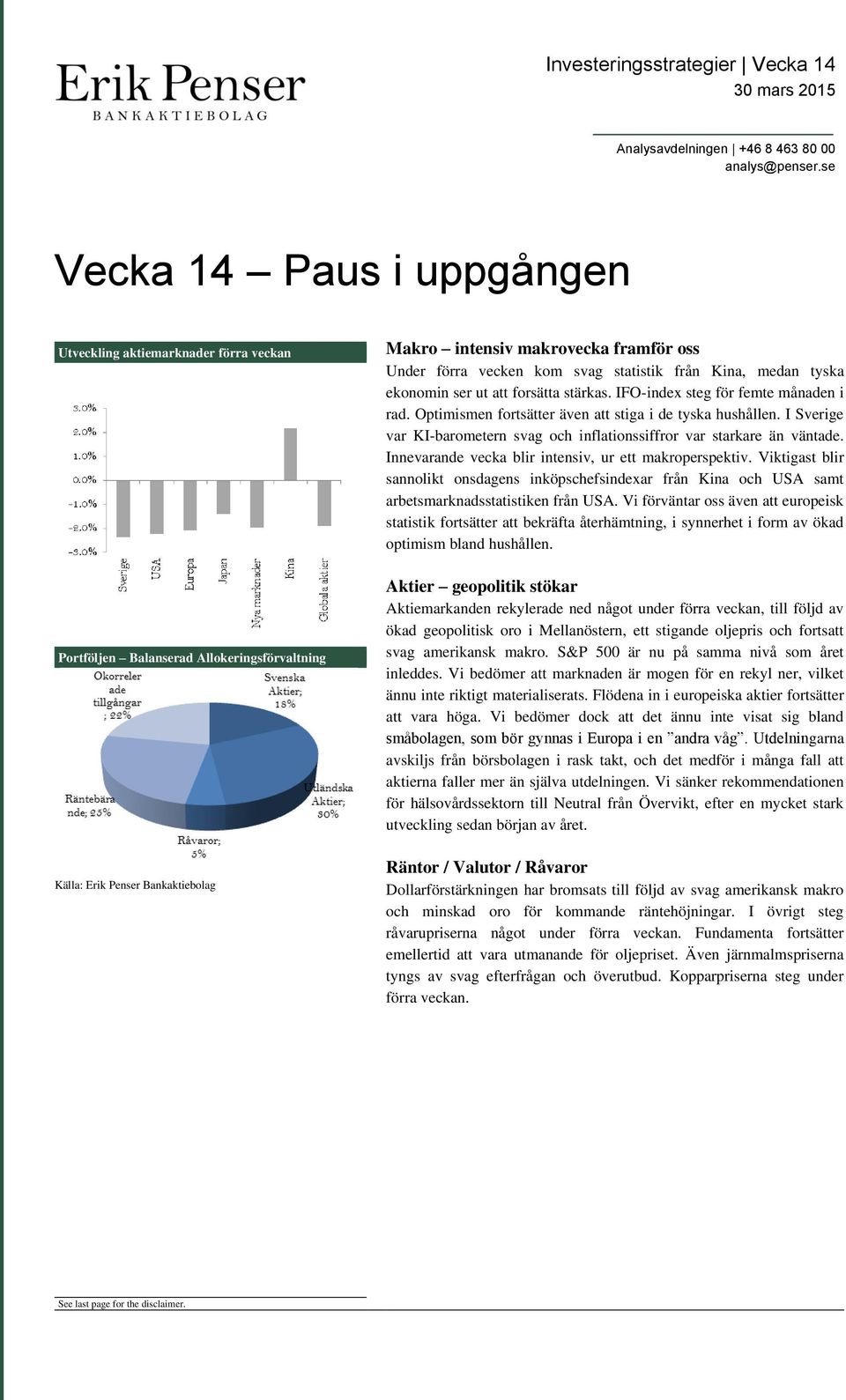 vecken kom svag statistik från Kina, medan tyska ekonomin ser ut att forsätta stärkas. IFO-index steg för femte månaden i rad. Optimismen fortsätter även att stiga i de tyska hushållen.