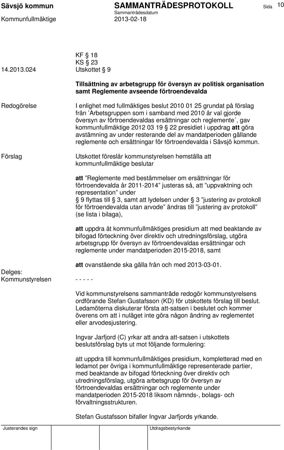 Arbetsgruppen som i samband med 2010 år val gjorde översyn av förtroendevaldas ersättningar och reglemente, gav kommunfullmäktige 2012 03 19 22 presidiet i uppdrag att göra avstämning av under